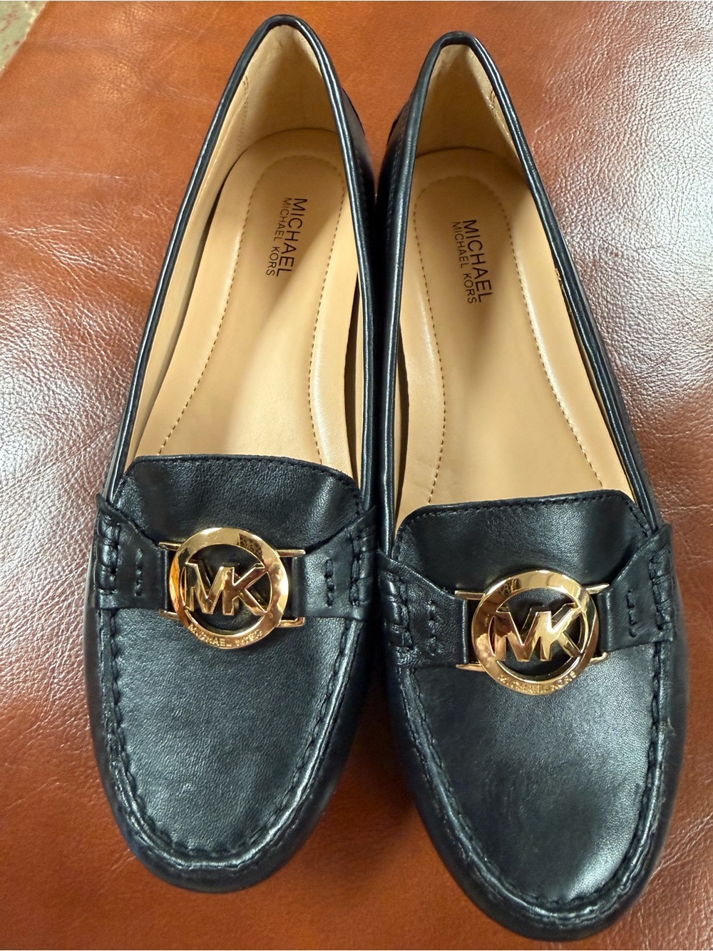 Michael Kors Black Leather MK Logo Loafers with Gold Hardware